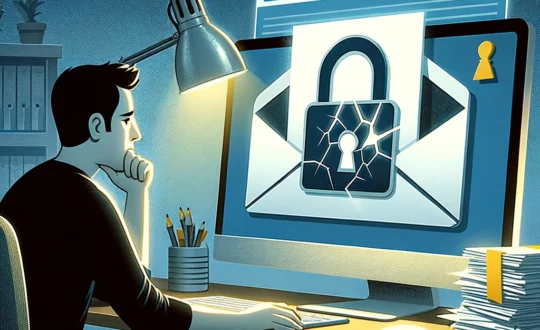 DALL&middot;E 2024 03 21 14.54.38 A Person Looking Skeptically At An Email On Their Computer Screen Which Displays A Broken Lock Icon To Symbolize The Falsehood Of The Sender. The Sce 1