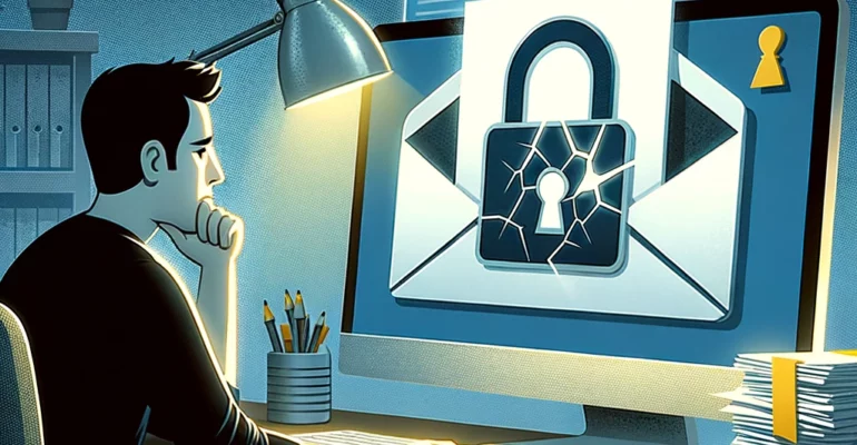 DALL·E-2024-03-21-14.54.38-A-person-looking-skeptically-at-an-email-on-their-computer-screen-which-displays-a-broken-lock-icon-to-symbolize-the-falsehood-of-the-sender.-The-sce-1