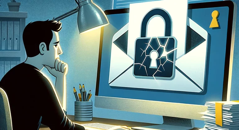 DALL·E-2024-03-21-14.54.38-A-person-looking-skeptically-at-an-email-on-their-computer-screen-which-displays-a-broken-lock-icon-to-symbolize-the-falsehood-of-the-sender.-The-sce-1