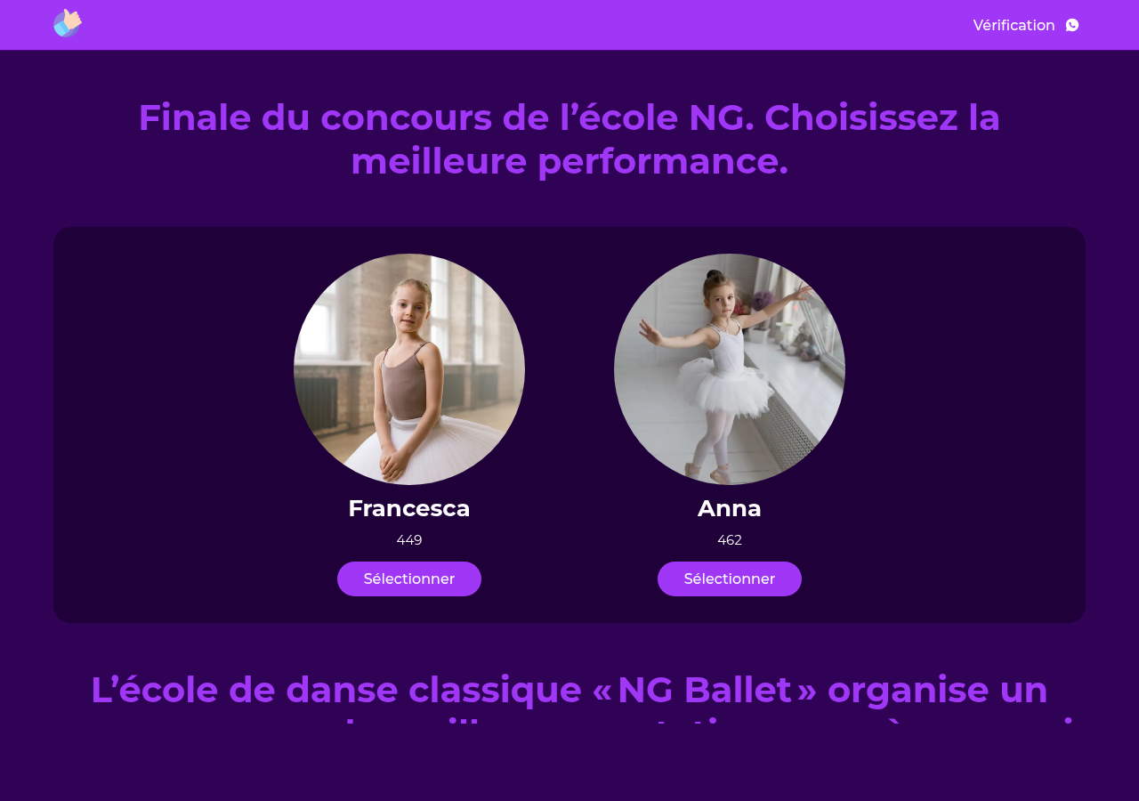 Fausse page de vote imitant un concours de danse scolaire (Francesca vs Anna) avec photos d'enfants et bouton 'Selectionner' — piege de phishing WhatsApp